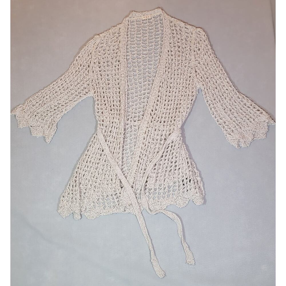 POL Cream Taupe Open Knit Crochet Tie Front Cardigan S